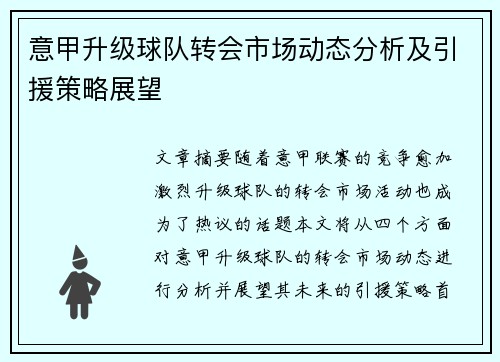 意甲升级球队转会市场动态分析及引援策略展望