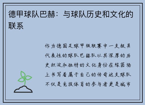 德甲球队巴赫：与球队历史和文化的联系