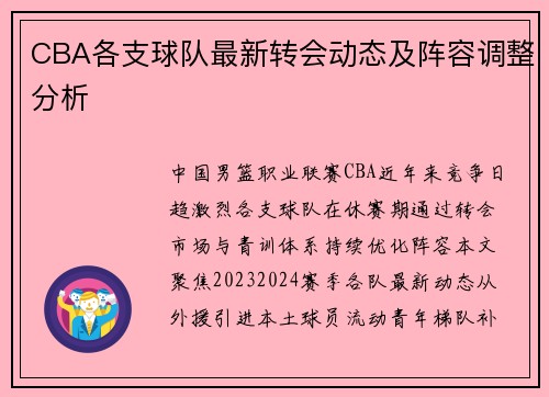 CBA各支球队最新转会动态及阵容调整分析